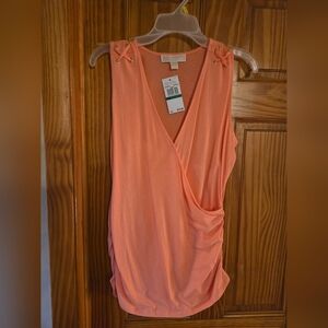 Michael Kors Coral Sleeveless Faux-Wrap Tank with Grommet Detail NWT